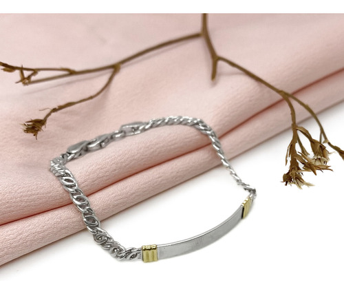 Pulsera Ojo De Perdiz Chapa Grabar Plata 925 Y Oro 18k 14 Cm