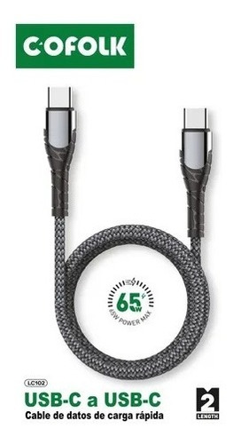 Imagen 4 de 4 de Cable De Carga Usb C A Usb C Pd 65w 2 Metros - Cofolk