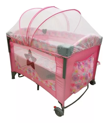 Cuna Colecho Bebe Cama Corral Ruedas Mosquitero Abatible Rosa