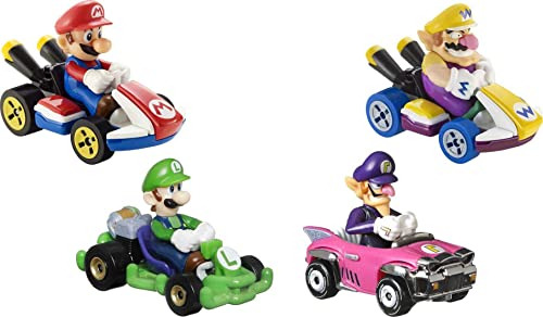 Pack De Autos Hot Wheels Mario Kart Con 4 Personajes Fav