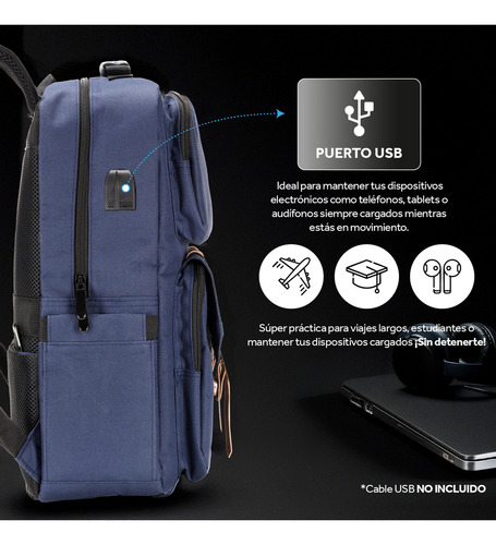 Mochila Ejecutiva Azul para Laptop 15.6” Reforzada Impermeable con Puerto USB