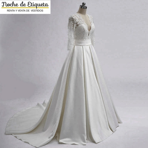 Imagen 1 de 4 de Vestido De Novia Corte A Satén Brillante/encaje Escote V