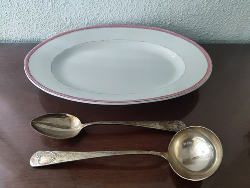 Antigüedad Bandeja De Servicio Limoges Y Cucharones Alpaca (Usado)
