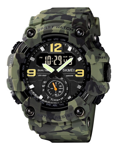 Reloj de pulsera SKmei 1637 de cuerpo color camuflado verde, analógico-digital, para hombre, fondo negro, con correa de poliuretano color camuflado verde, agujas color verde, negro y blanco, dial amarillo y blanco, subesferas color negro, minutero/segundero blanco, bisel color camuflado verde, luz verde y hebilla doble