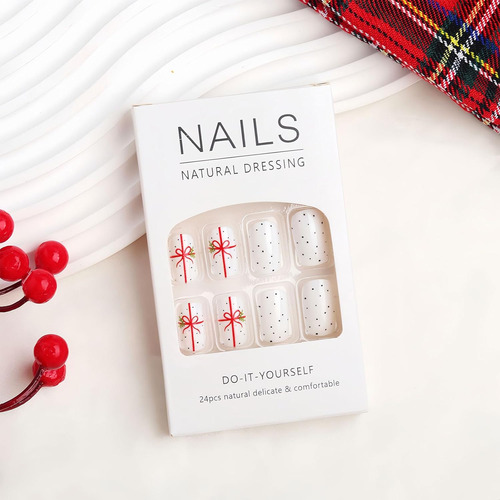 Uñas Postizas A Presión De Navidad, Cuadradas Medianas, 24 U