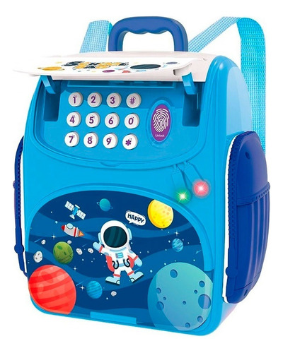 Alcancía Infantil Mochila Electrica + Sensor De Huella Caja Color Azul