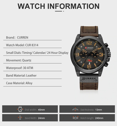 Reloj Curren Hombre Elegante Pulsera Cuero Cuarzo Cronógrafo