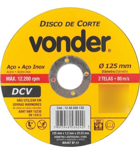 25 Und De Disco De Corte 125x1,2x22,23 Mm Grão: G46 Vonder Cor Amarelo
