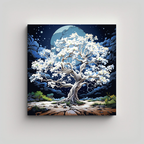 70x70cm Cuadro Árbol De Roble En Colores Blancos Flores