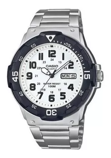 Reloj pulsera Casio Youth MRW-200 de cuerpo color plateado, analógico, para hombre, fondo blanco, con correa de acero inoxidable color plateado, agujas color blanco y negro, dial negro, minutero/segun