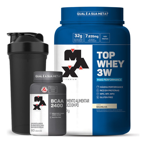 Top Whey 3w 900g + Bcaa - Max Titanium Sabor Mais Performance Baunilha