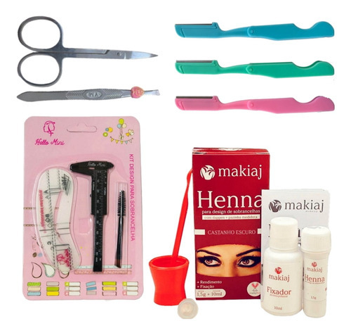 Kit Henna Sobrancelha Makiaj Com Pincel Duplo Navalhas Pinça Cor Castanho escuro