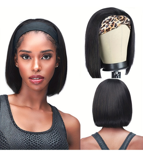 Elegante Peluca De Cabello Humano Estilo Bob, Diadema Sin P