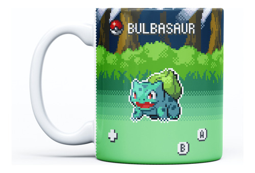 Pocillo Bulbasaur Pokémon Pixelart 11oz Blanco Taza Mug