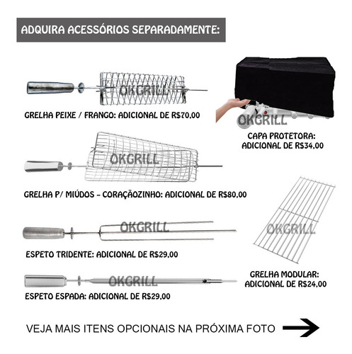 Gira Grill Churrasqueira Inox 5 Espetos + 3 Grelhas + Brinde