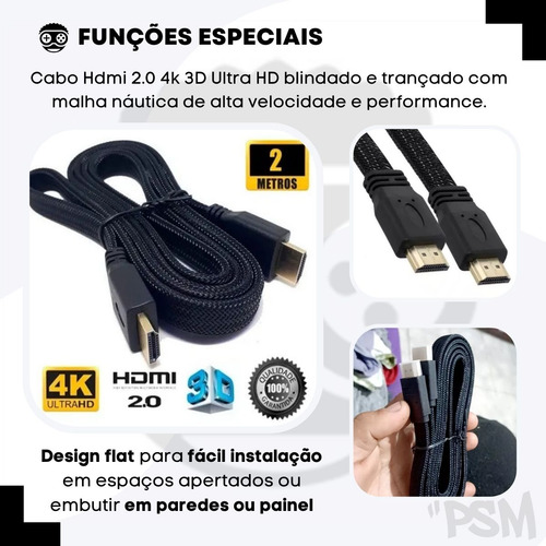 2 Cabo Hdmi 2m Ligar Conecta Notebook Pc Tv Monitor Projetor