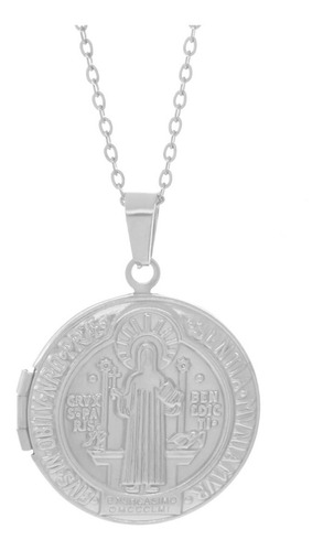 Collar Relicario San Benito Acero Inoxidable Detalle Color Plateado