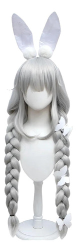 Peluca Gris Plata Con Trenzas Largas Y Fleco