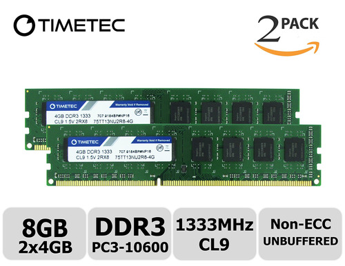 Memoria Ram 8gb Timetec Hynix Ic Kit (2x4gb) Ddr3 1333mhz Pc3-10600 Non Ecc Unbuffered 1.5v Cl9 Dual Rank Para Dell Opti