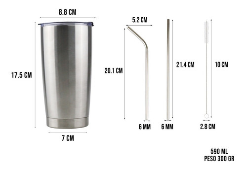 Vaso Termo Acero20oz Inoxidable Incluye Popotes Térmico590ml