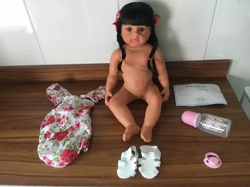 Boneca bebê reborn negra morena corpo silicone PODE DAR BANHO cheia de  acessórios