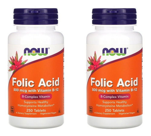 2x Acido Fólico Com Vitamina B12 Now Foods 250 Tabletes