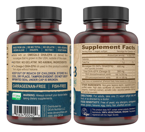 Suplemento Deva Vegan Omega-3 Dha 200mg 90 Cápsulas Gelatino
