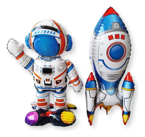 Kit Balão Astronauta Foguete Metalizado Grande - 5 Unid Cor Azul