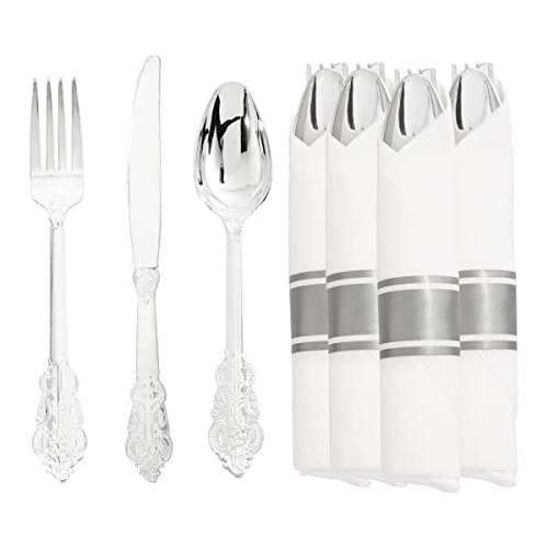 30 Pack Silver Plastic Silverware Set With Pre Rolled N...