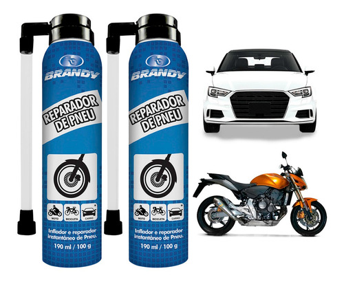 Kit 2 Reparador De Pneu Furado Moto Carro Spray Brandy 190ml