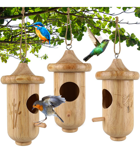 Nido Colibrí Madera P/colgar Ext. X3 Con Cáñamo Y Ventana Ja