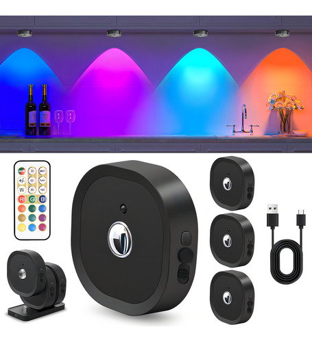Bylifity® 4pzs Lampara Pared Luz Led Recargable, 13 Colores Rgb Luces De Disco Con Control Remoto, Inalámbricas Luz De Clóset Con Estación De Carga Negro