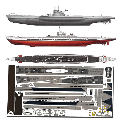 Submarino U-boot Tipo Viiic + Ixc Escala 1.100 Papercraft