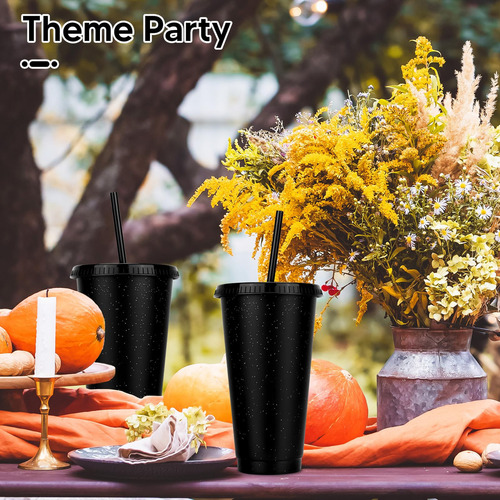Vasos Reutilizables De 24 Oz Con Tapa Y Popote, 15 Piezas Color Negro