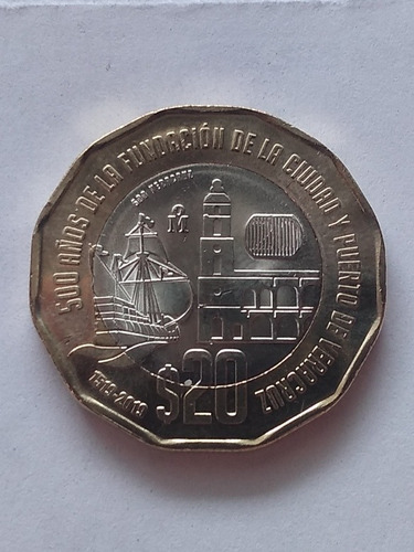 Imagen 1 de 5 de Moneda $20 Bimetalica Veracruz 500 Años De La Fundación