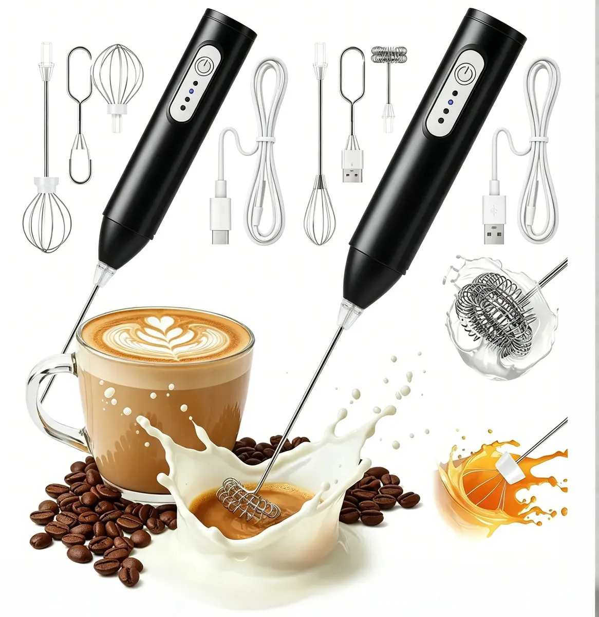 Batedor de café elétrico MDI com 3 cabeças, aço inoxidável, 3 velocidades, recarregável, USB, portátil, batedor de leite, misturador de bebidas adequado para assar e beber creme de café, 2 unidades