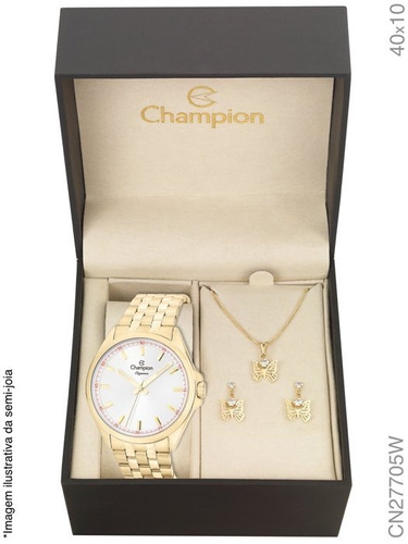 Relogio Feminino Dourado Champion + Colar E Brinco Cn27705w