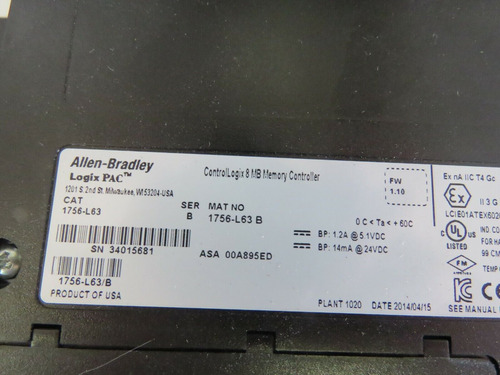Allen Bradley 1756 Rack W/ (3) 1756-l63 Ser B (1) 1756-l Ssk