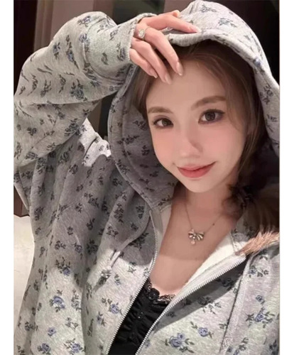 Sudadera Floral Con Capucha Y Cierre Para Mujer