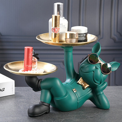 Escultura De Bulldog Francés, Figura De Perro Con Bandeja, Color Verde