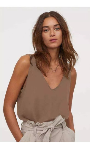 Camiseta Sin Mangas De Seda Satinada Con Cuello En V Mujer