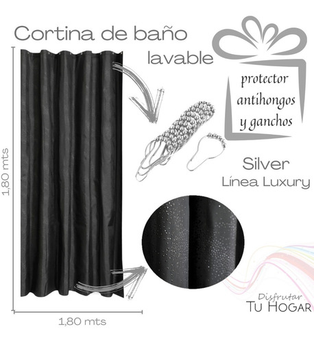 Cortina Baño Ducha Teflon Brillo +ganchos + Protector Silver