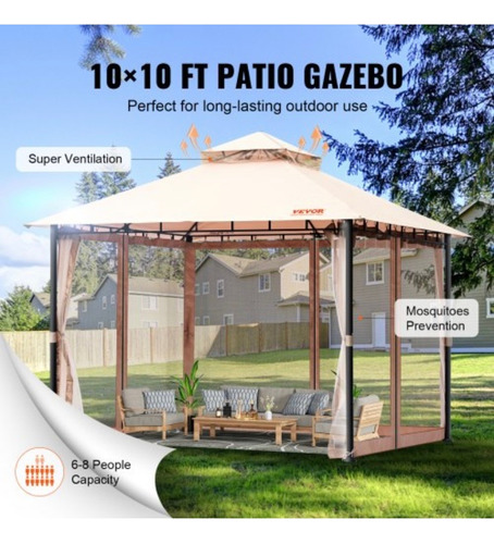Gazebo De Patio Para 6-8 Personas 10x10 Pies Con Mosquitero Caqui