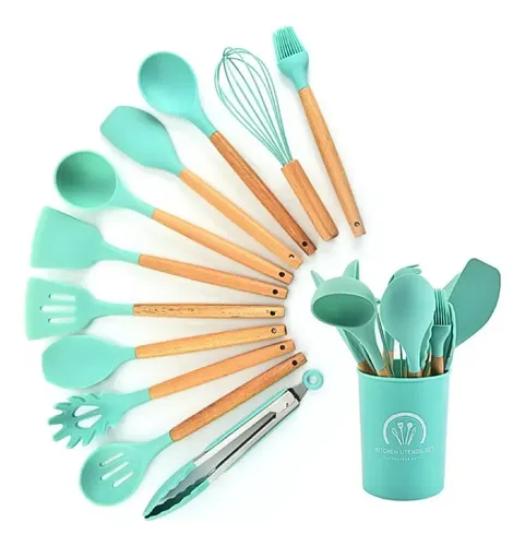 Kit 12 Utensilios Cozinha Colheres De Silicones Cabo Madeira Azul...