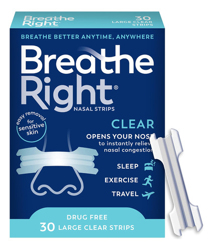 Breathe Right Tiras Nasales Transparentes Grandes, 30 Unidad