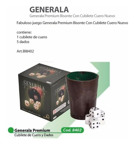 Generala Premium Bisonte Con Cubilete Cuero Y Dados