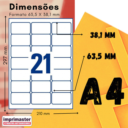 Etiquetas Adesivas 63,5mm X 38,1mm A4 21 Etq | 100 Folhas Cor Branco Desenho Impresso Liso