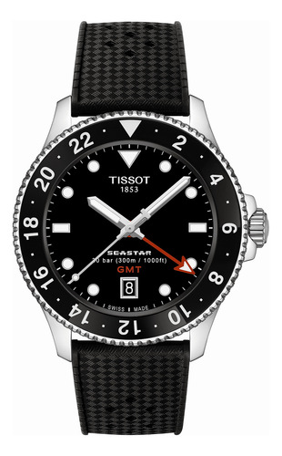 Reloj Tissot Seastar 1000 Quartz Gmt 40mm T1208521705100 Malla Negro Bisel Negro Fondo Negro