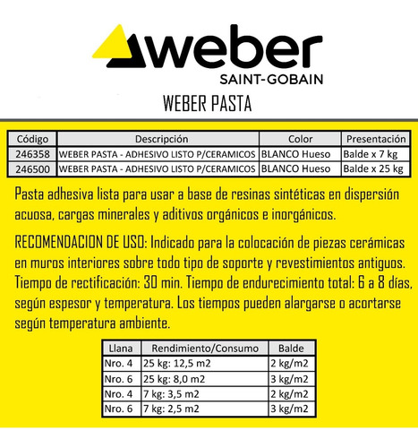 Imagen 6 de 7 de Weber Pasta X 7 Kg Pegamento Adhesivo Ceramica Sobre Yeso