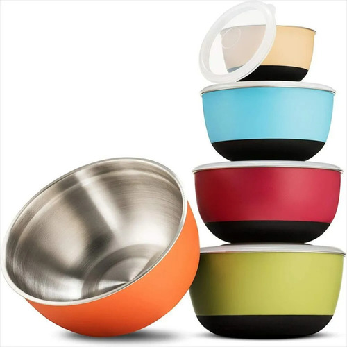 5 Tazones Acero Inox Bowls Para Cocina Con Tapas Herméticas Color Variado